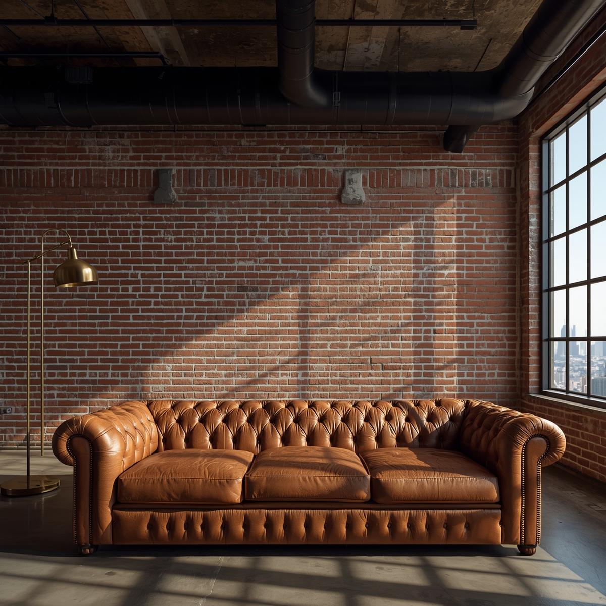 H&igrave;nh 1 (Hero Image)_ The Alpha Domain (L&atilde;nh địa Qu&yacute; &ocirc;ng)__Visual_ Ảnh dọc. G&oacute;c rộng to&agrave;n cảnh ph&ograve;ng kh&aacute;ch Penthouse. Bức tường gạch đỏ cổ điển l&agrave;m nền. Trần b&ecirc; t&ocirc;ng lộ hệ thống ống